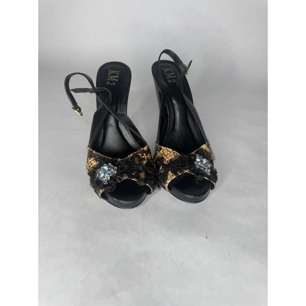 Y2K KM2 Women's High Heel Slingback Sandals with Snake Print and Embellishments